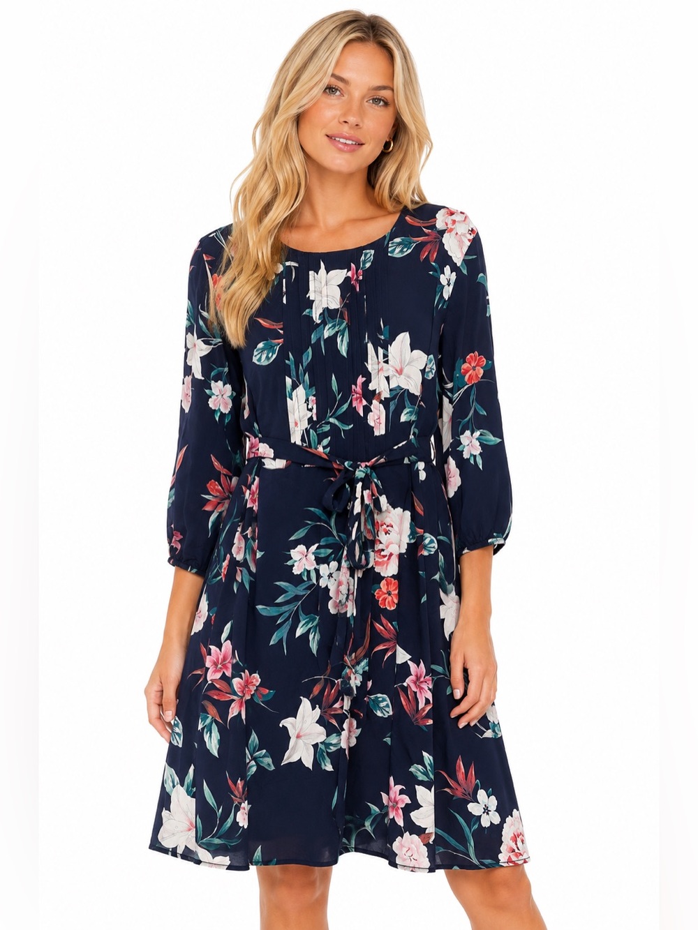 NWT Amour Vert Size Small Floral Navy Belted A-Line Dress